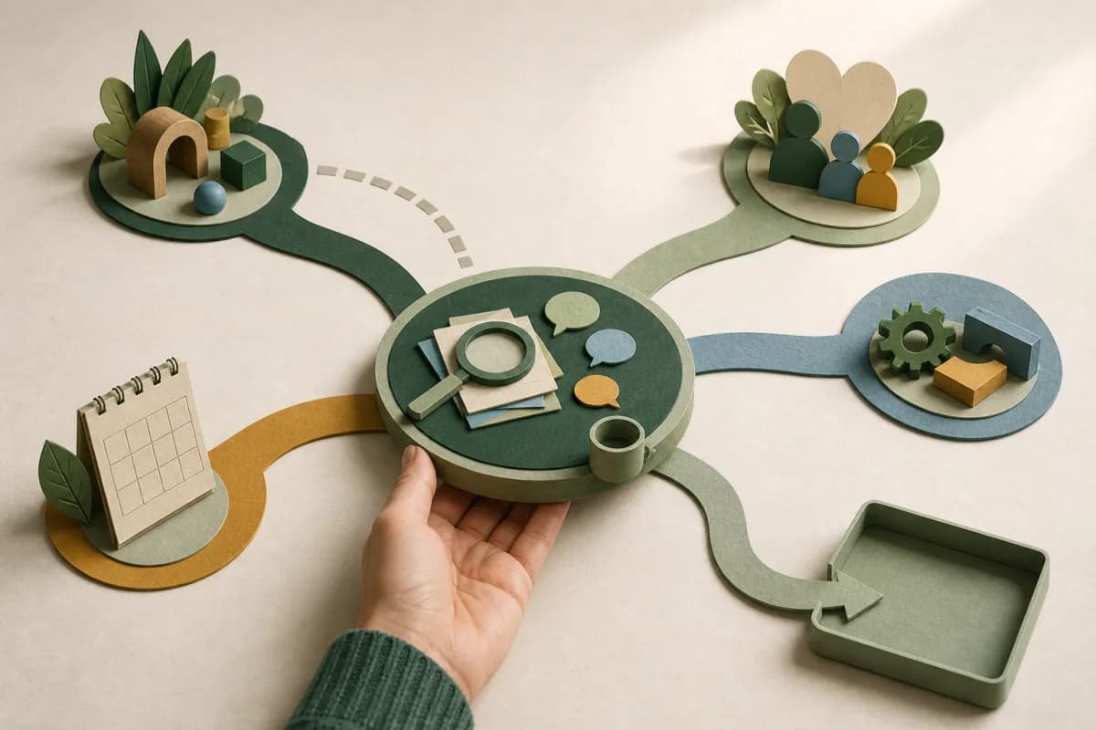 Paper-cut observation, family, support and attendance paths meeting at a practitioner-held review with an open correction tray