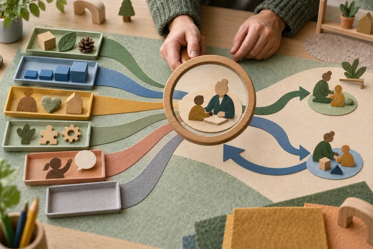 Observation, curriculum, family and communication-support cards meet at a teacher review beside a visible evidence gap and an open correction route