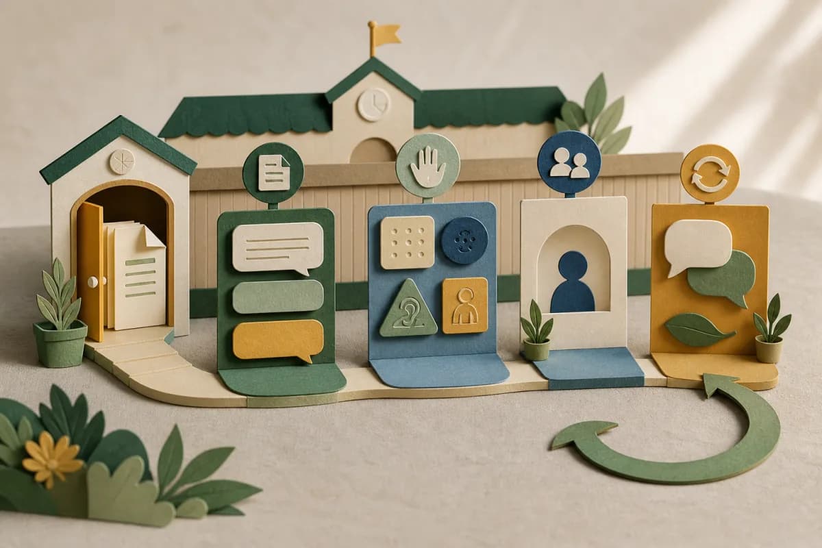 Paper-cut path through policy access, explanation, accessible formats, human contact and feedback