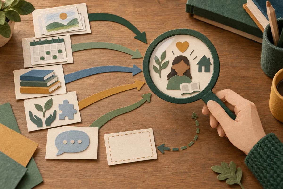 Paper-cut work, attendance, support and pupil response paths meeting at an adult-held review lens with one evidence gap left open