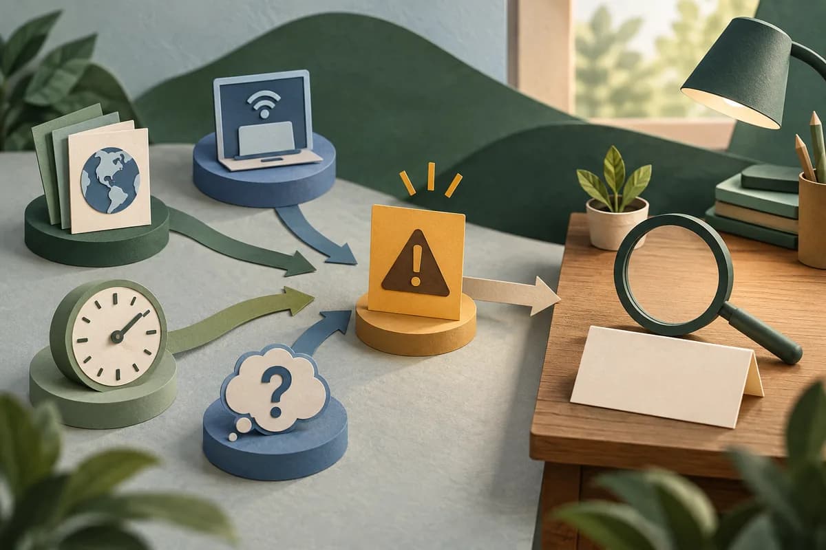 Paper source symbols lead to an ochre alert card, then a magnifying glass and blank review card