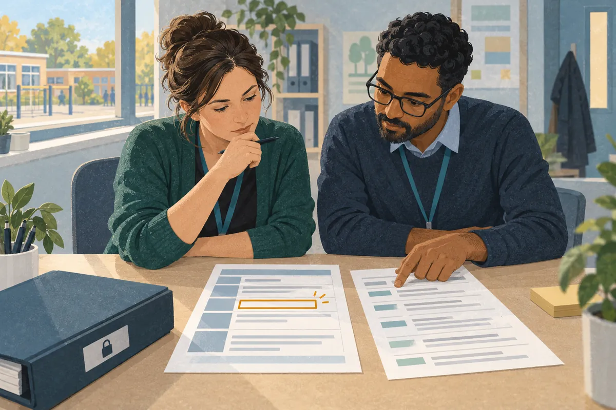 Two adult colleagues compare a factual incident sheet with a separate communication log in a private school office, with an amber gap marker.
