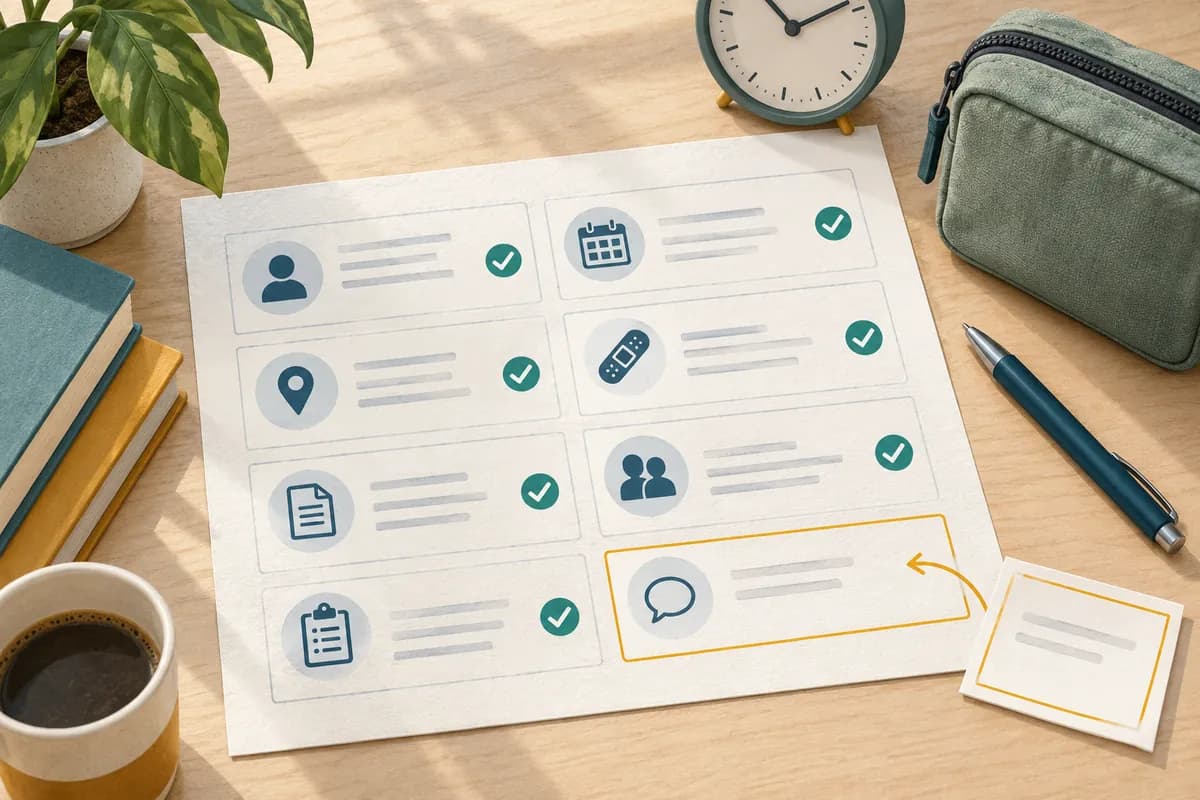 A structured paper record with seven teal markers and one empty amber field beside a clock, pen and closed first-aid pouch.