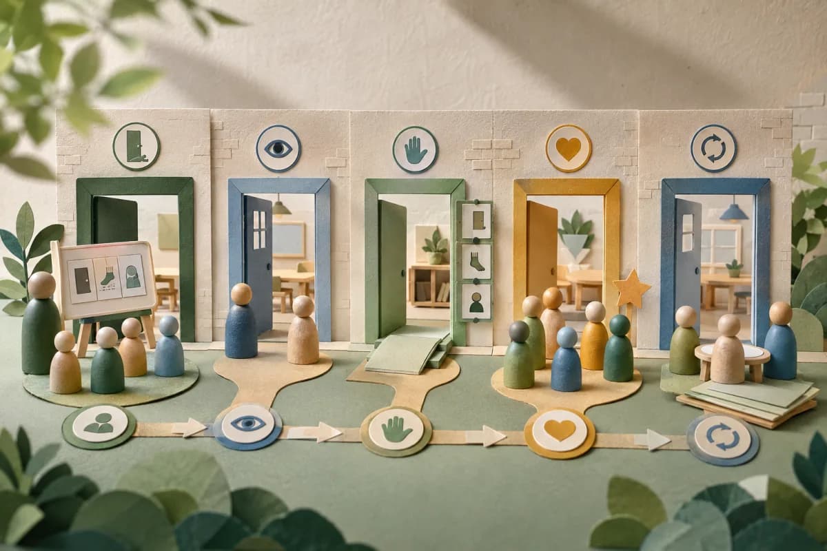 Five tactile paper-cut lesson moments show a routine being taught, noticed and refined across a school week