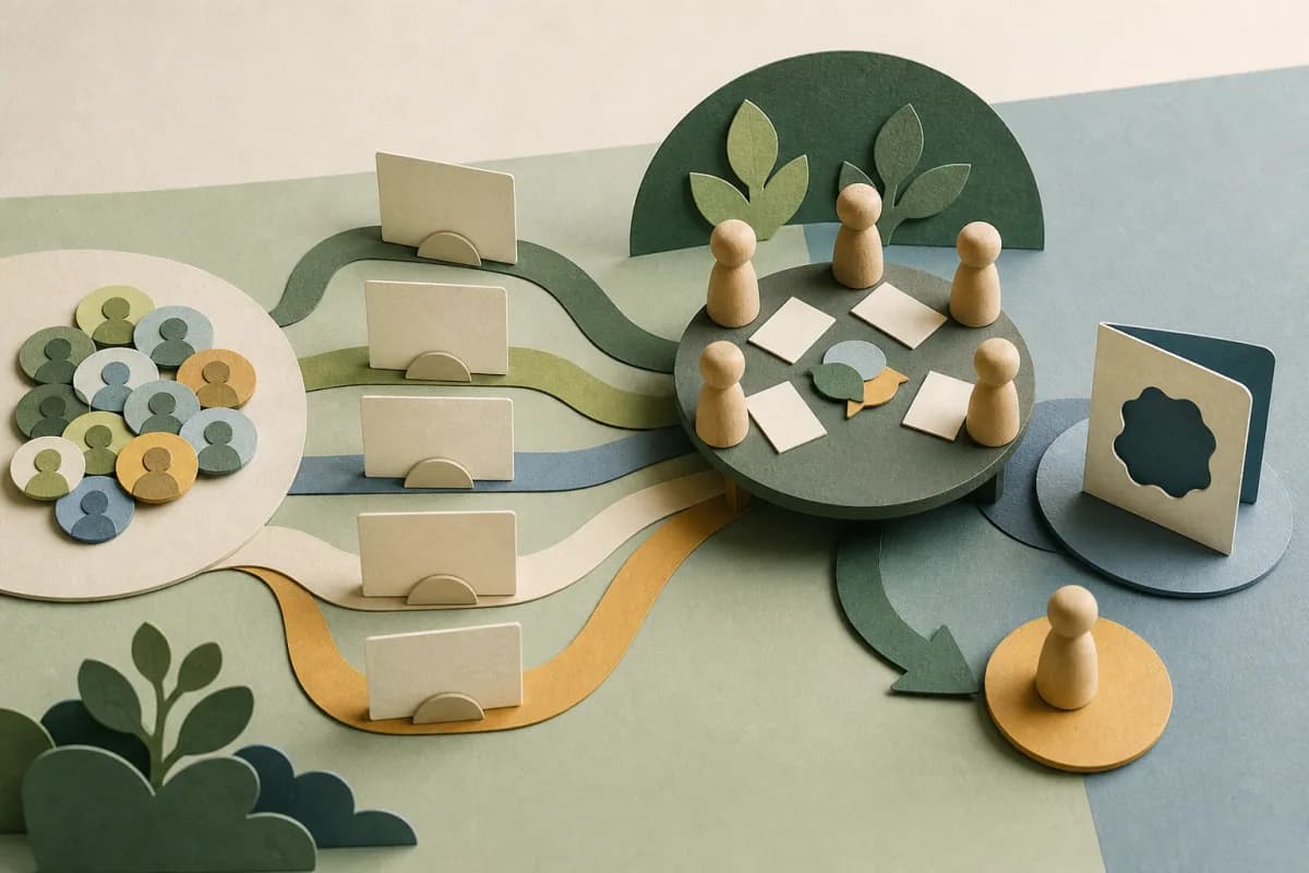 Aggregate paper pupil tokens connect through separate evidence paths to a human review table and owned action