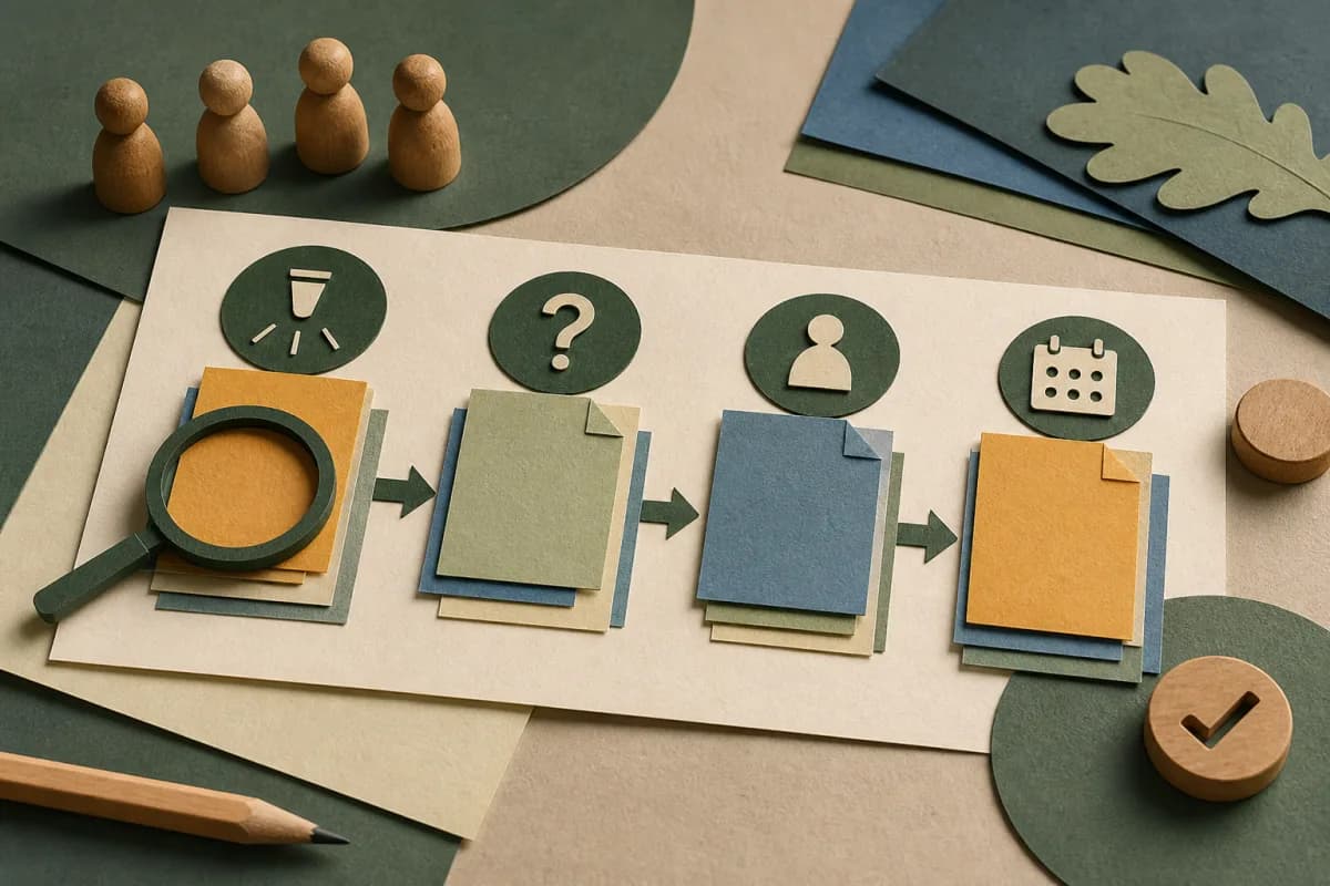 Paper evidence cards form a path from scrutiny to a governor question, owner and review marker