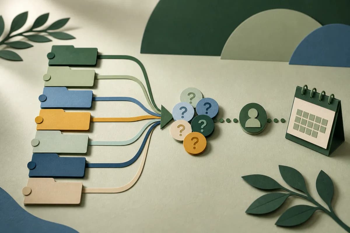 Paper-cut board table connecting seven evidence cards to questions and owned actions