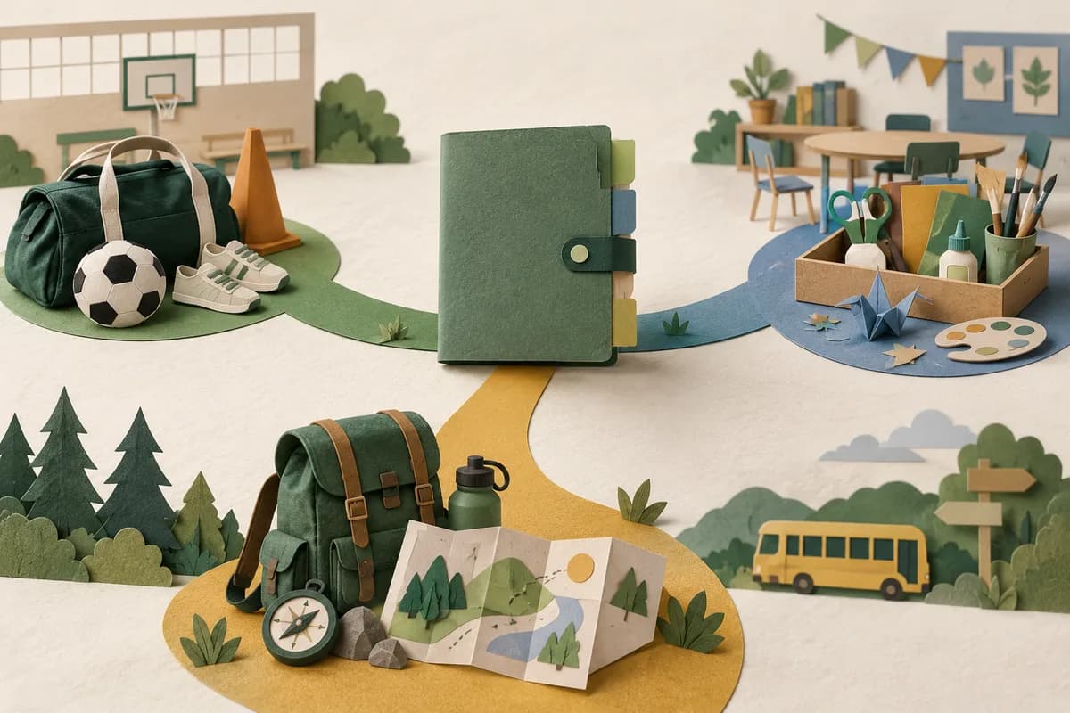 A closed green plan folder linking a PE kit, club materials and a trip rucksack