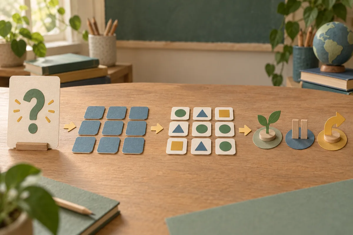Miniature question card, concealed response tiles, simultaneous reveal and three teaching paths