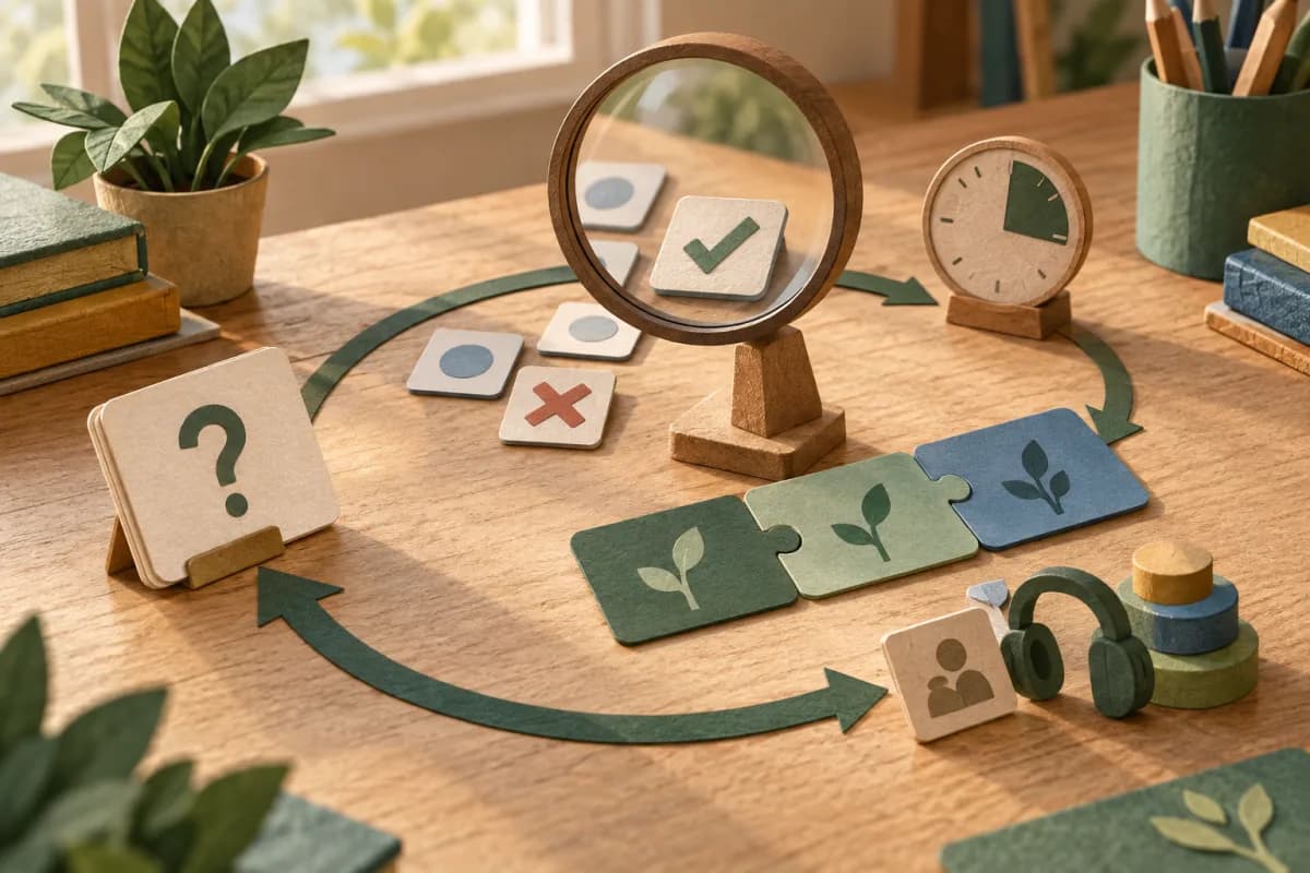 Miniature response, curriculum and support pieces circling through a human review lens