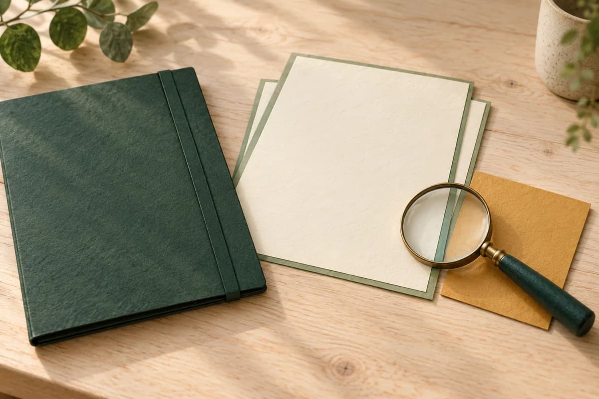 Layered blank plan pages and a separate ochre source card beside a closed green record cover and magnifier.