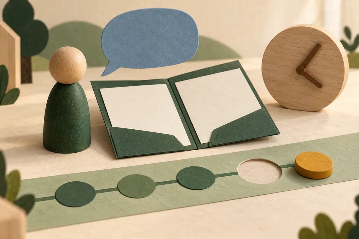 An open blank folder, wooden staff marker, unmarked clock and separate round ochre tile beside a paper track with a circular gap.