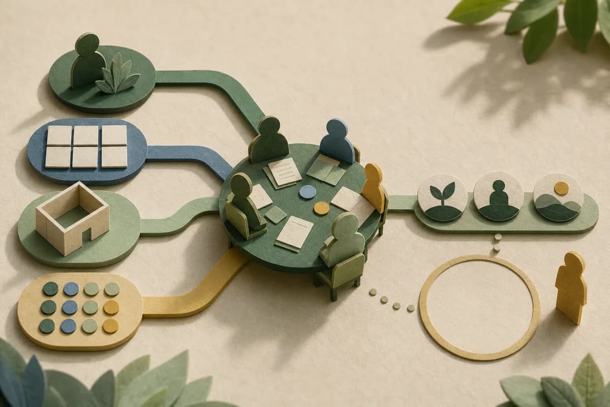 Paper-cut staff, timetable, room and delivery paths meeting at a review table and open decision space