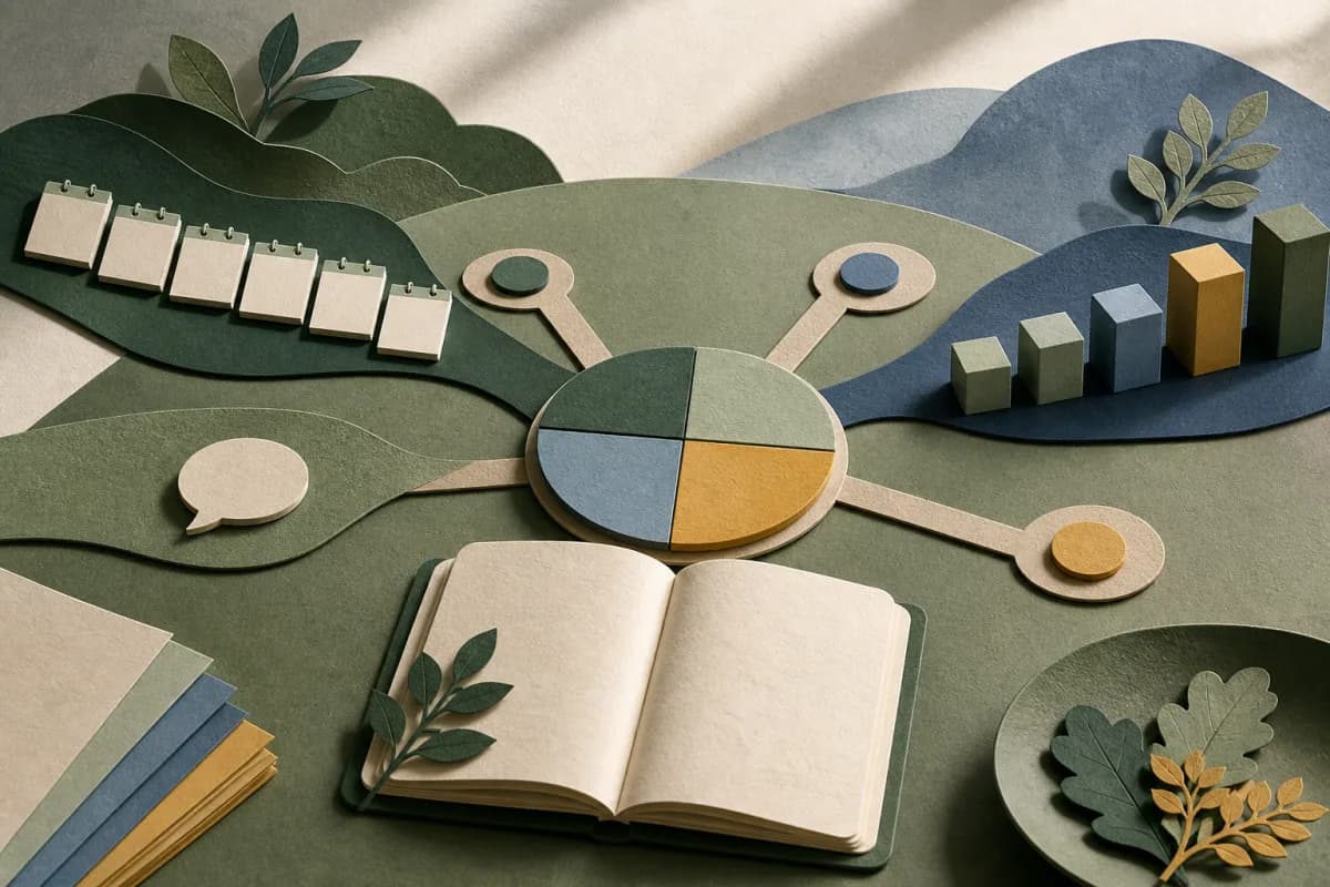 Paper-cut session tiles, pupil voice token and progress blocks converging on a blank review notebook and four-part decision dial