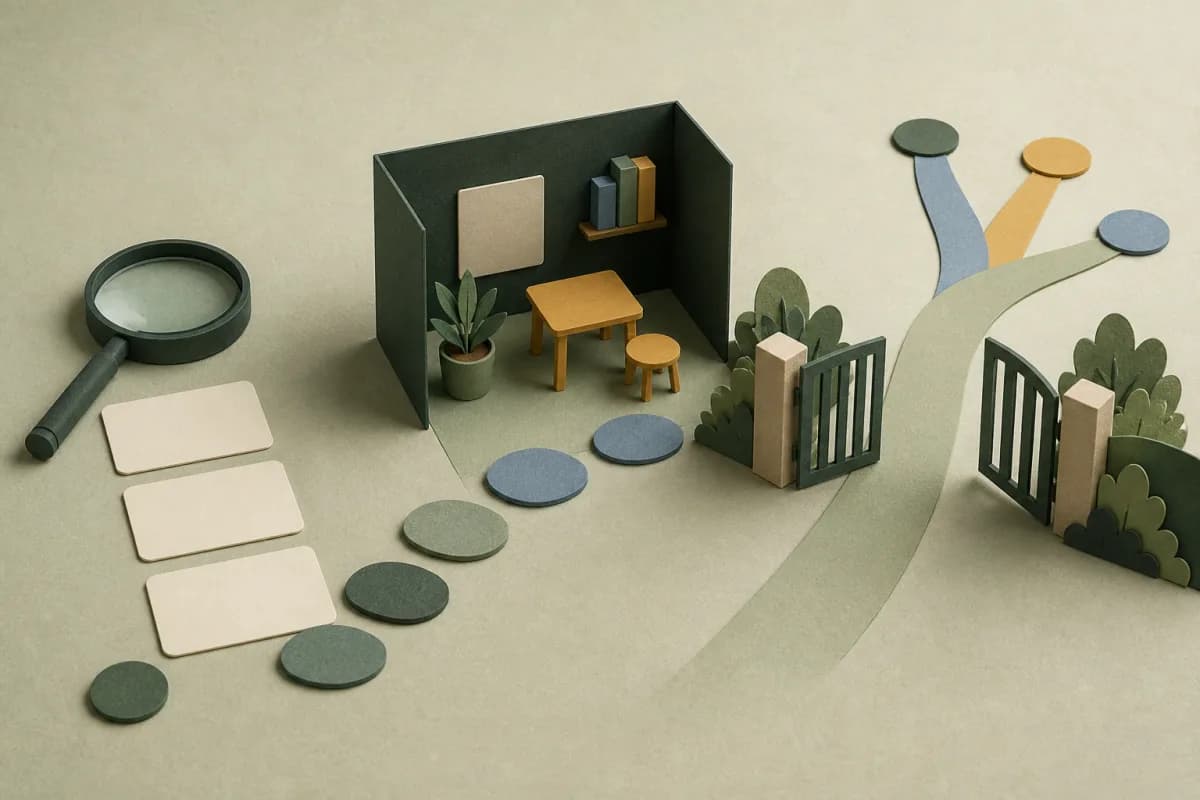Paper-cut evidence cards and magnifying glass leading through a defined support path to an open gate and branching next steps