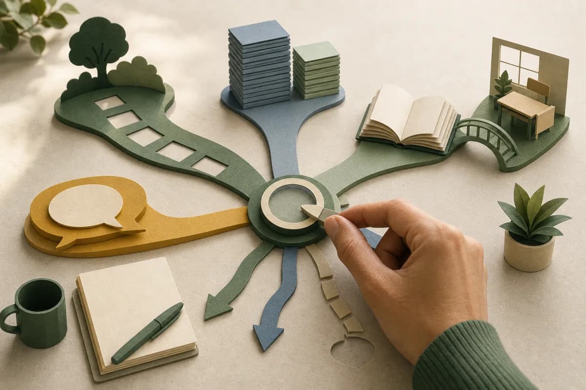 Paper-cut attendance, delivery, classroom and views evidence joining at a hand-operated review dial
