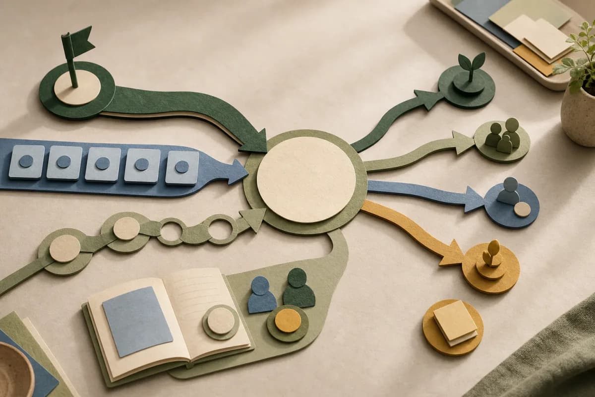 Four paper-cut evidence paths meeting at a review point before branching into next actions