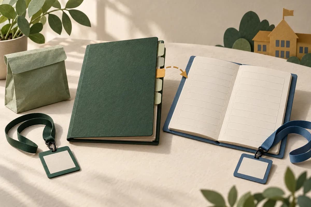 Editorial illustration: a closed green source folder, blank ledger, closed pouch, two staff lanyards and an amber tab mark separate handover evidence.
