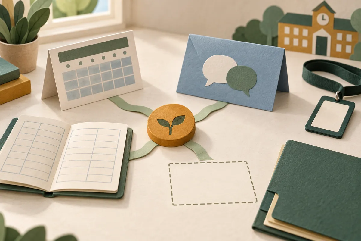 Editorial illustration: a blank attendance grid, open ledger and communication card surround an amber token and empty evidence space beside a staff lanyard.