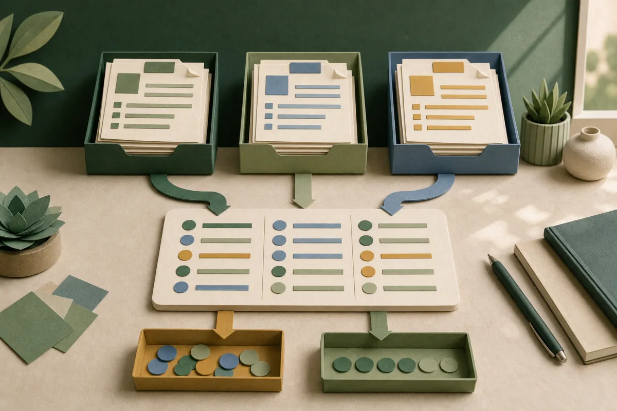 Three separate record trays feeding into a comparison board and exception list