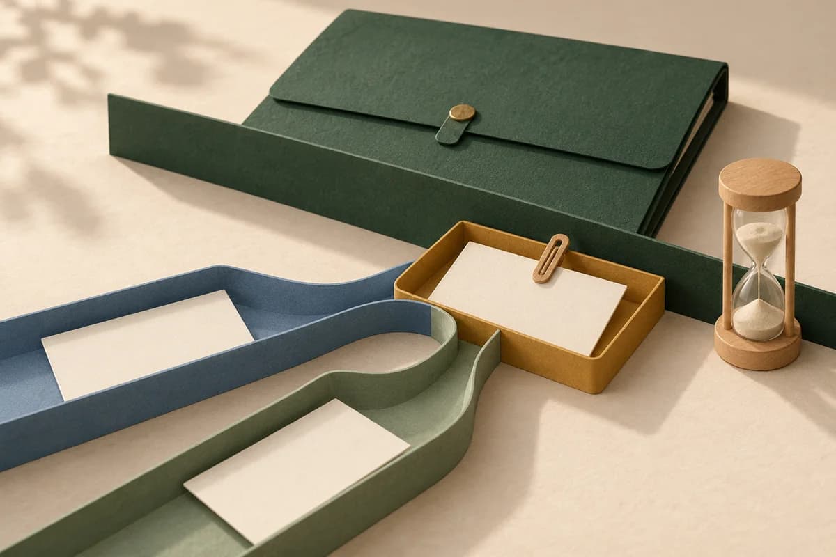 A closed green folder beside blank cards in blue and sage channels feeding an ochre tray, a paperclip and a wooden sand timer.