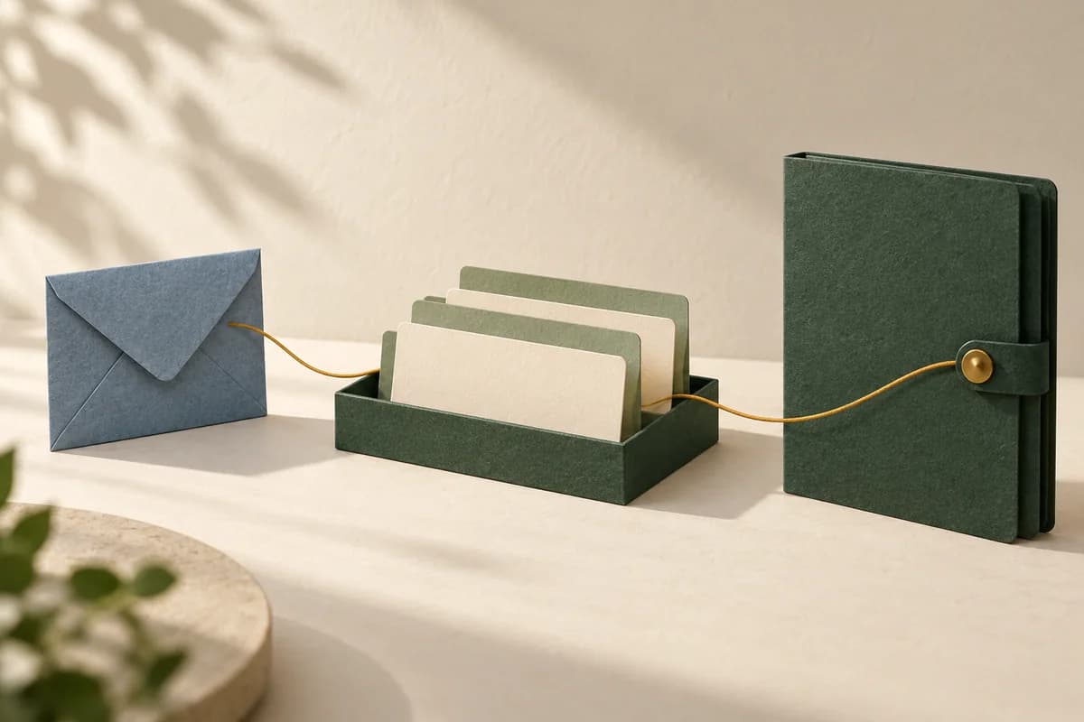 A closed blue envelope, blank cards in a tray and a closed green folder connected by an ochre thread.