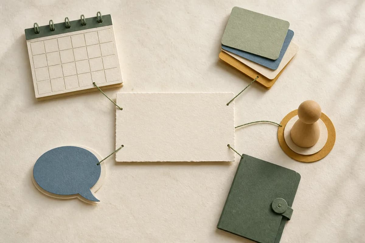 A blank briefing card connected by thread to attendance, provision, pupil voice and health-plan objects, with a separate human review marker