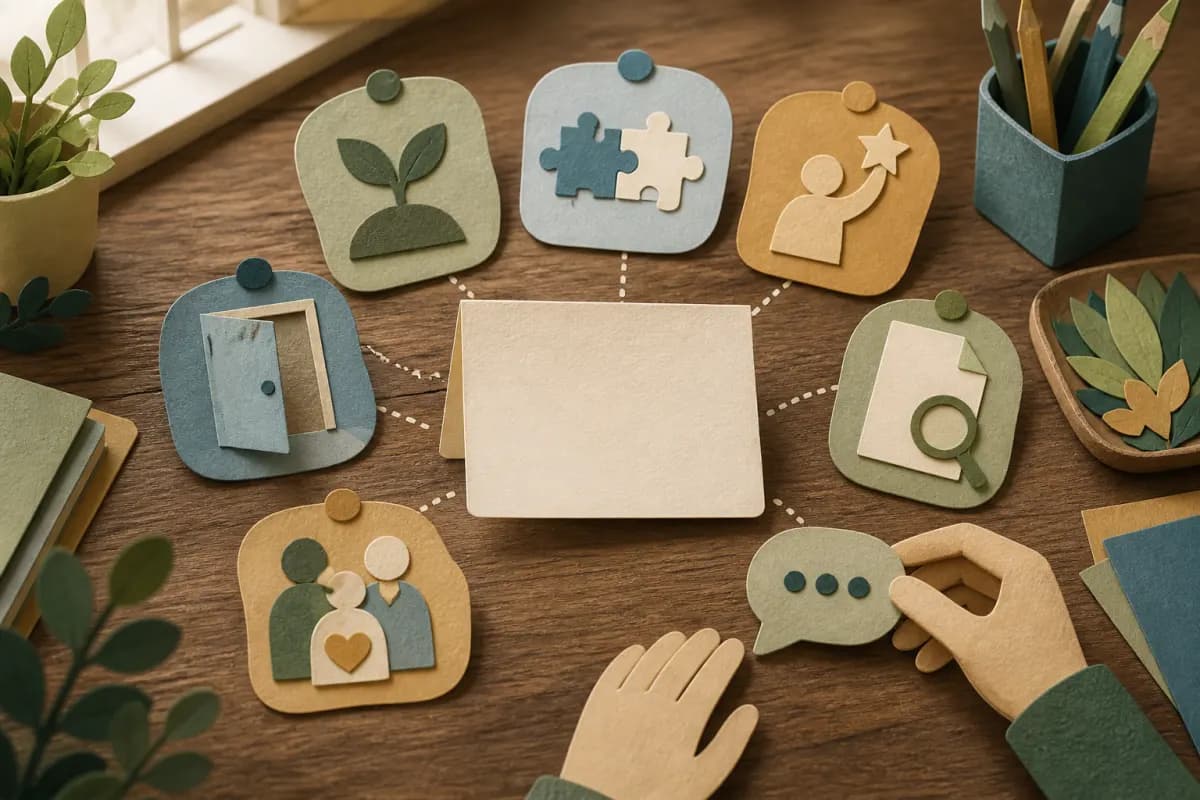 Tactile paper-cut assessment note built from purpose, task, access and review pieces beside an open family response space
