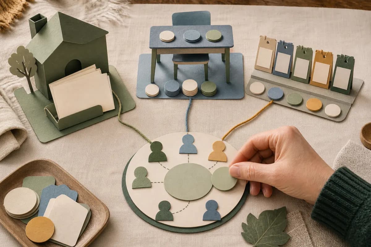 Paper home notes, provision tokens and calendar tiles linked to a hand-led review board