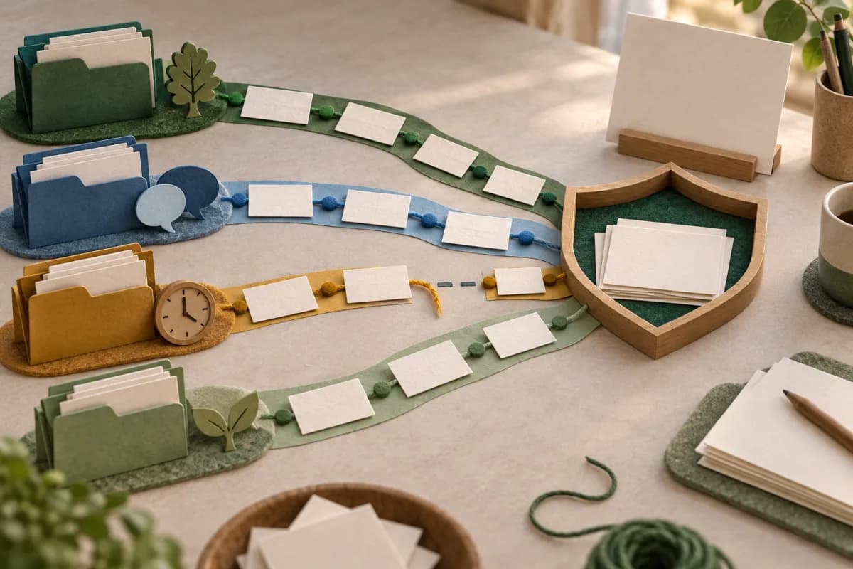 Separate paper paths for behaviour, pupil voice, attendance and support context meeting at a shield-shaped human review tray