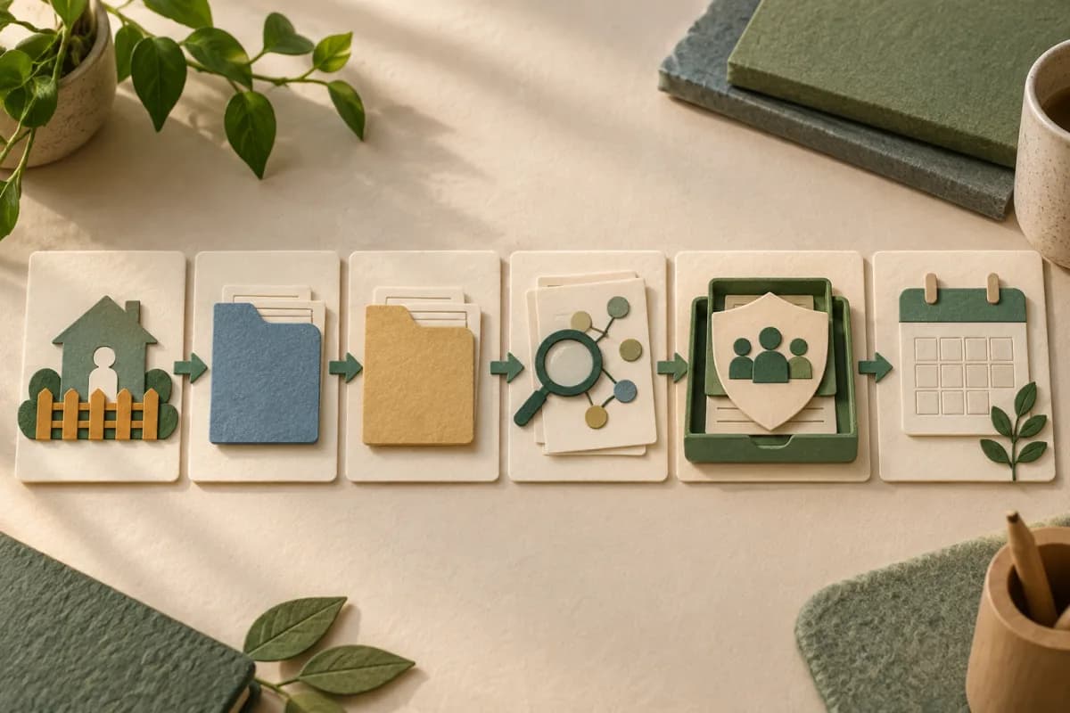 Five blank paper record tiles moving from immediate safety through separate accounts to a protected human review