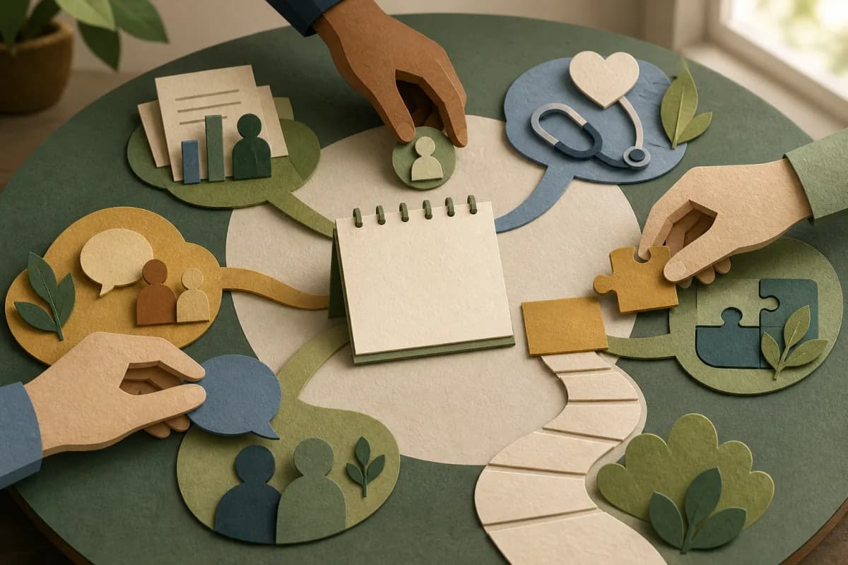 Paper-cut attendance, health, SEND, pupil voice and family communication pieces remain separate around a human review table
