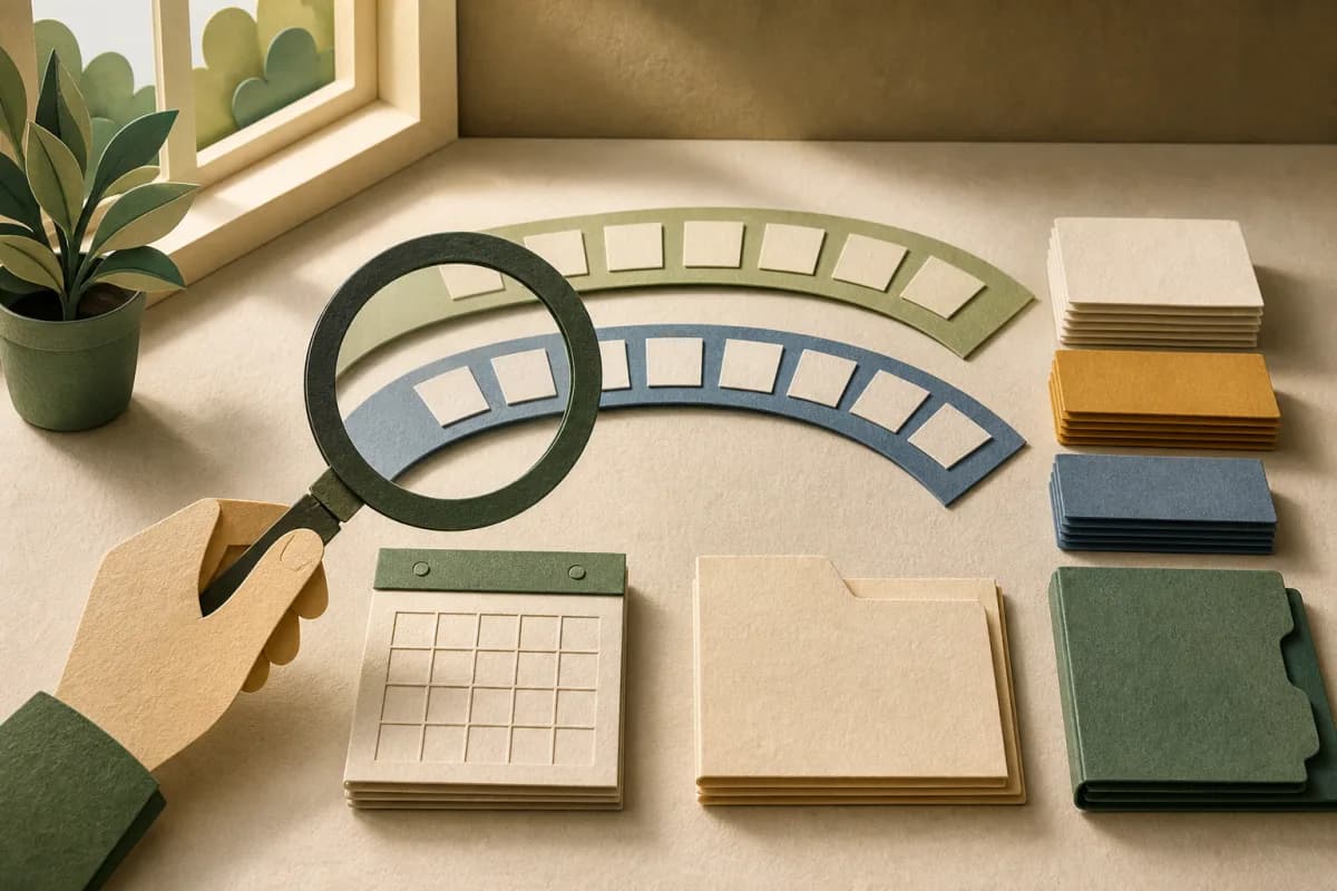 Nested paper-cut attendance bands sit beside separate session, source and review pieces