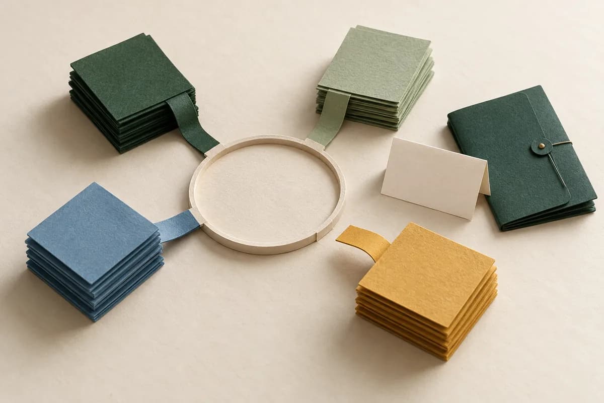 Four separate stacks of blank paper records surround a review ring, with one missing connection and a closed folder