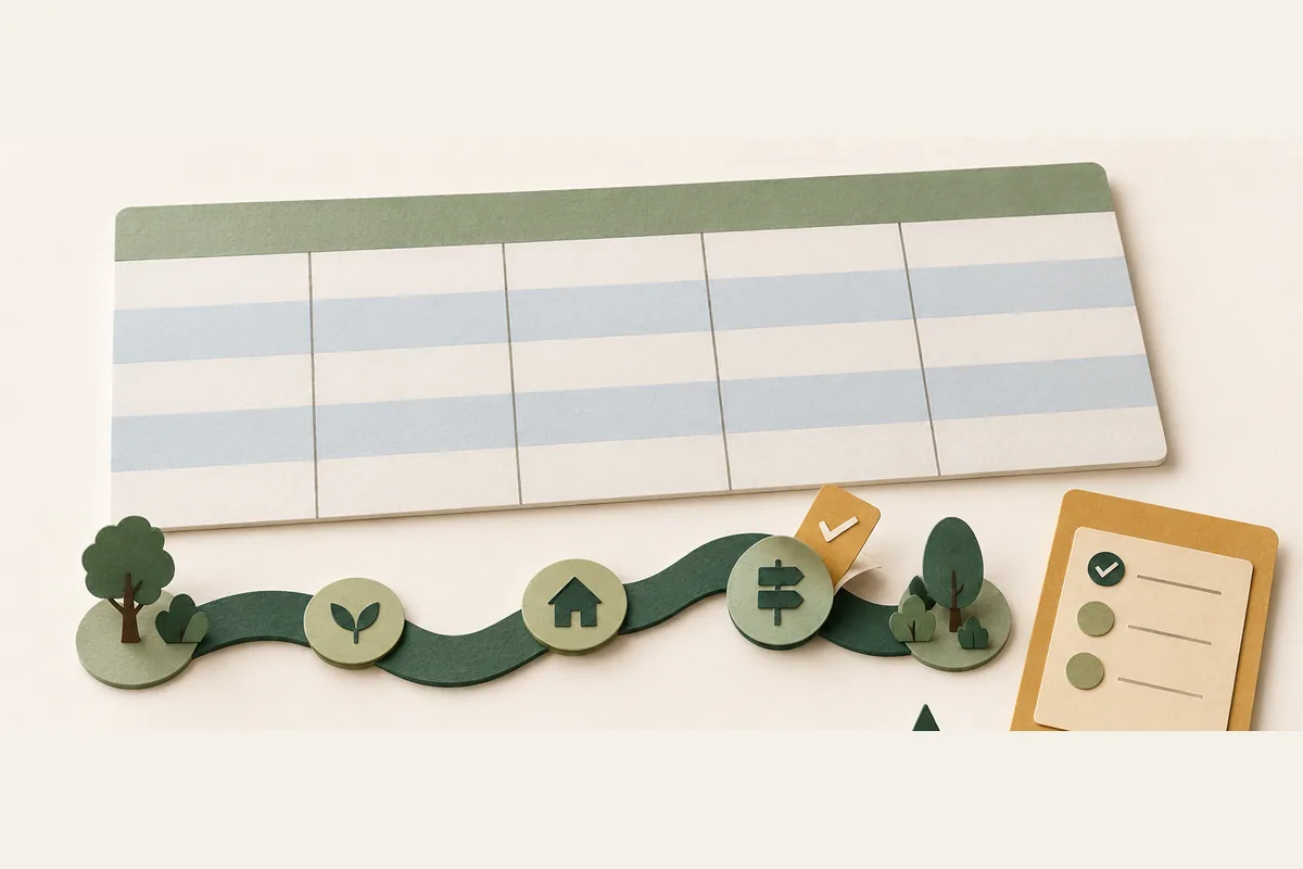 A blank paper timetable and forest-green path beside an ochre review card