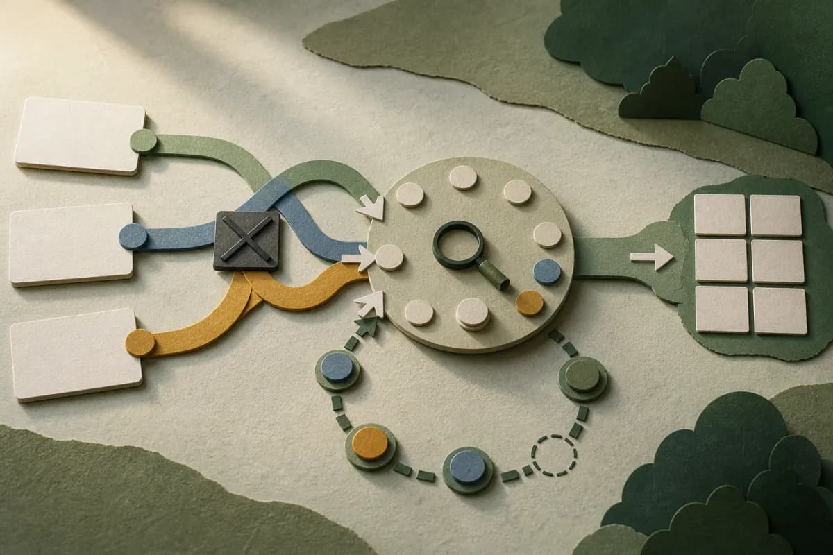 Miniature provision tokens moving from conflicting paths into a human-led review and clear schedule