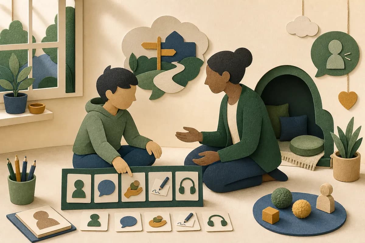 A pupil and staff member using symbol cards, drawing, speech and a quiet space to support communication