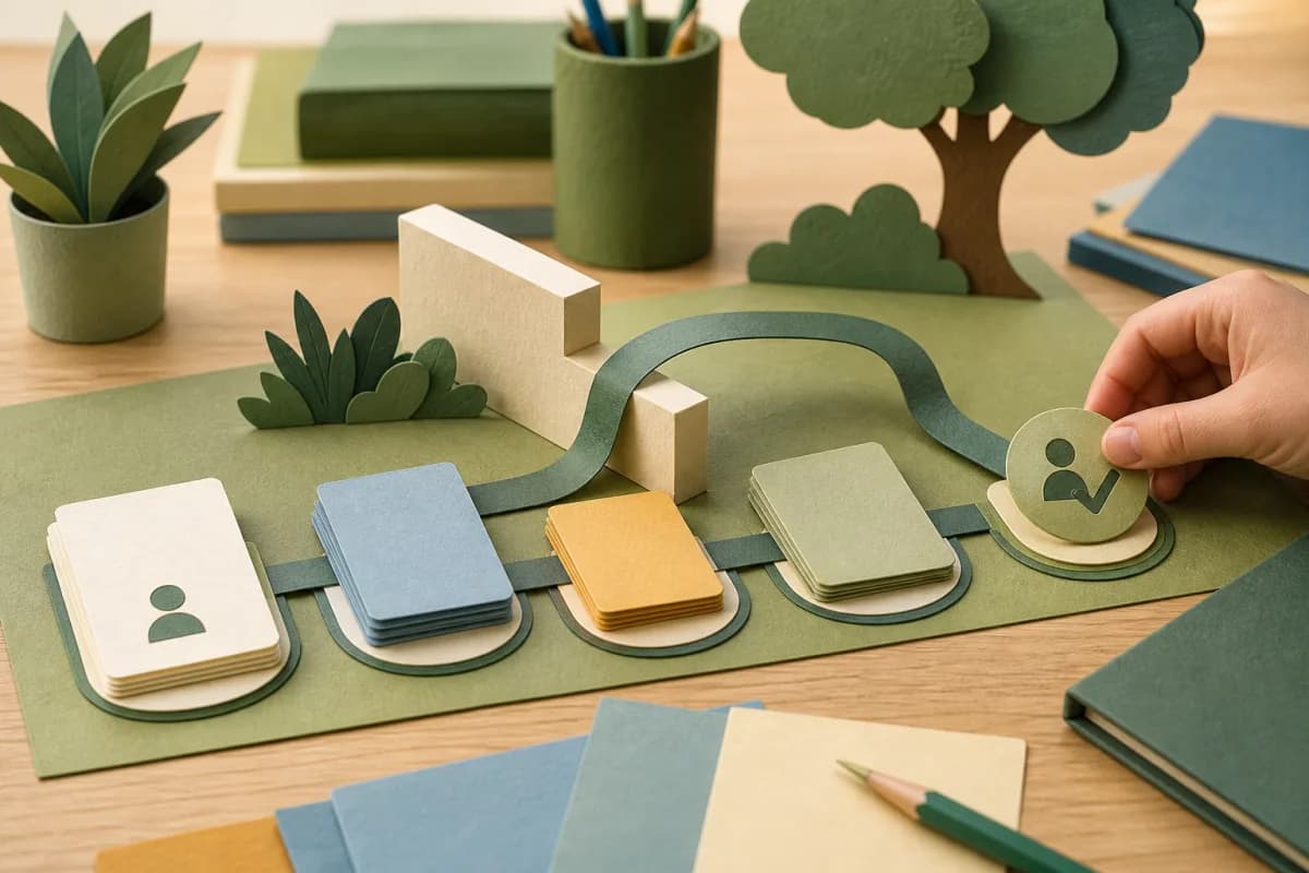 A paper-cut audit path links blank evidence cards to an adapted route around a raised barrier and a review marker