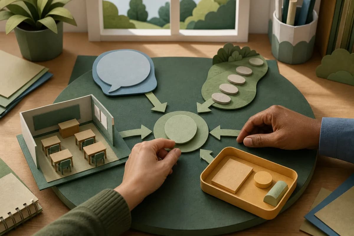 Paper-cut classroom, pupil-voice shape, attendance path and provision tray converge at a human review table