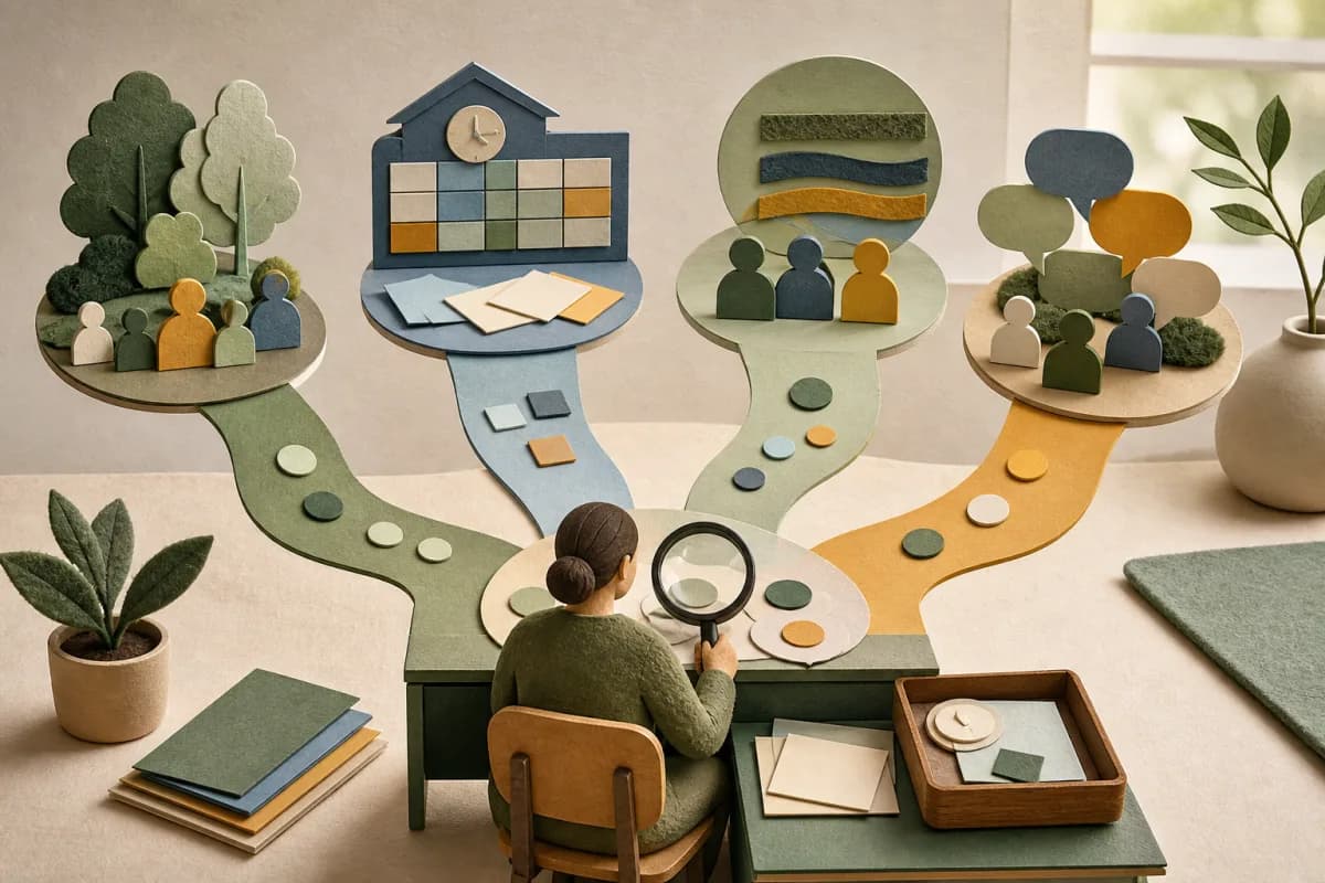 Separate paper-cut point tokens, setting cards, staff pattern pieces and pupil-voice symbols meet at a human review desk