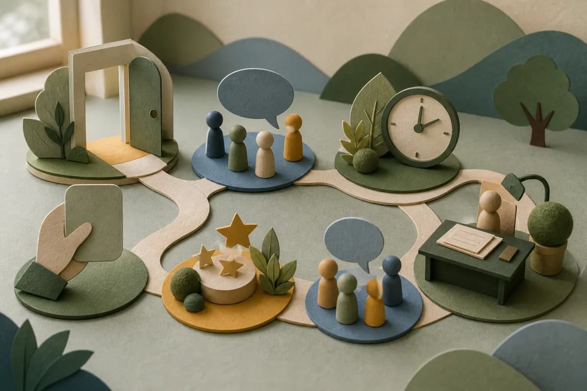 Six tactile paper-cut stations connect taught routines, accessible choices, staff practice and a review point