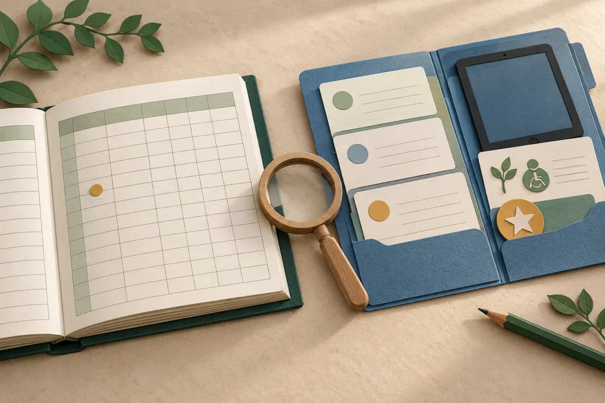 Two distinct paper records on a desk, one beside an attendance register and one beside a laptop and accessible learning materials