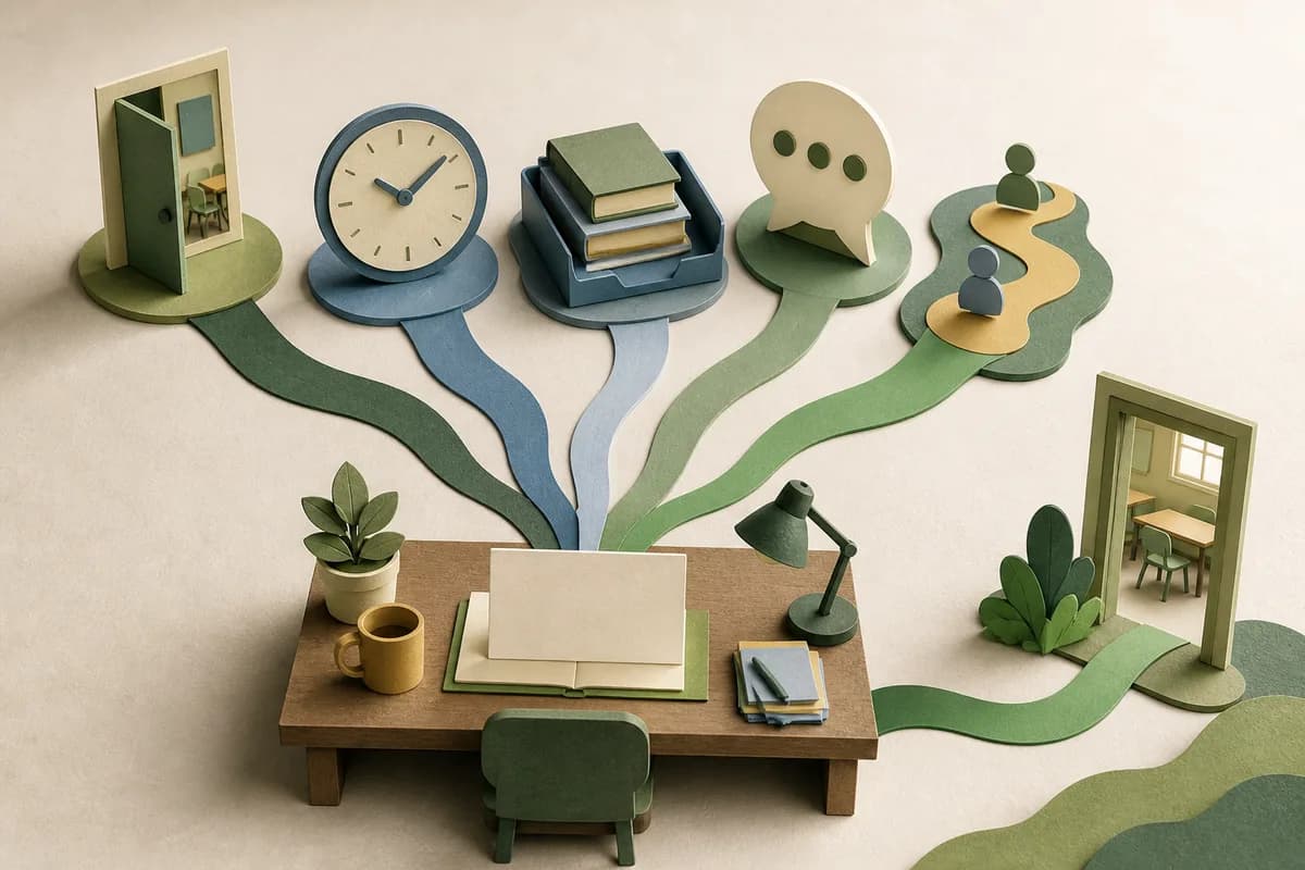 Paper paths from a classroom, clock, learning tray and pupil-voice symbol converge at a human review desk