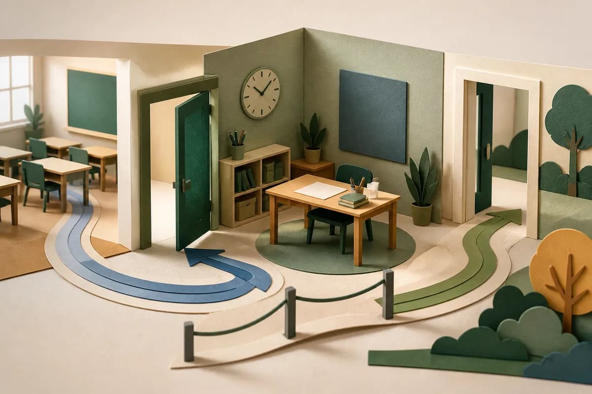 Paper-cut supervised learning room with an open doorway, clock disc, study materials and a clear return path