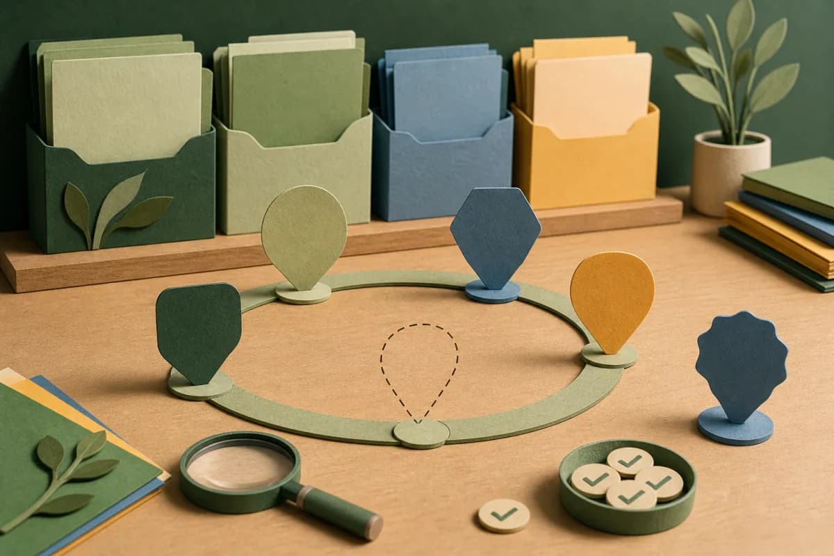 Four abstract review markers around plan folders, with one gap and one misplaced marker