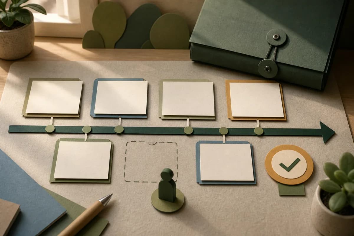 Blank record cards on a timeline with an owner marker, secure folder and visible gap