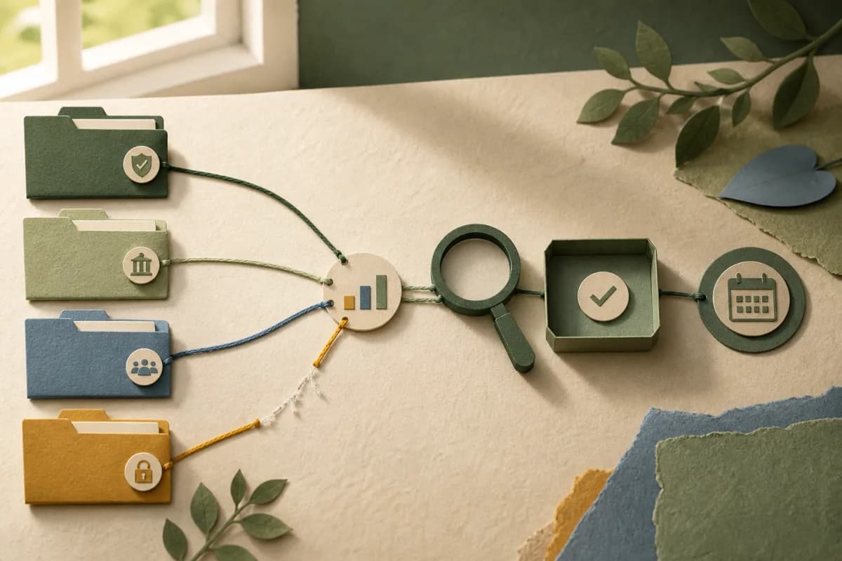 Separate secure source folders linked to a magnifying glass, review tray and date marker