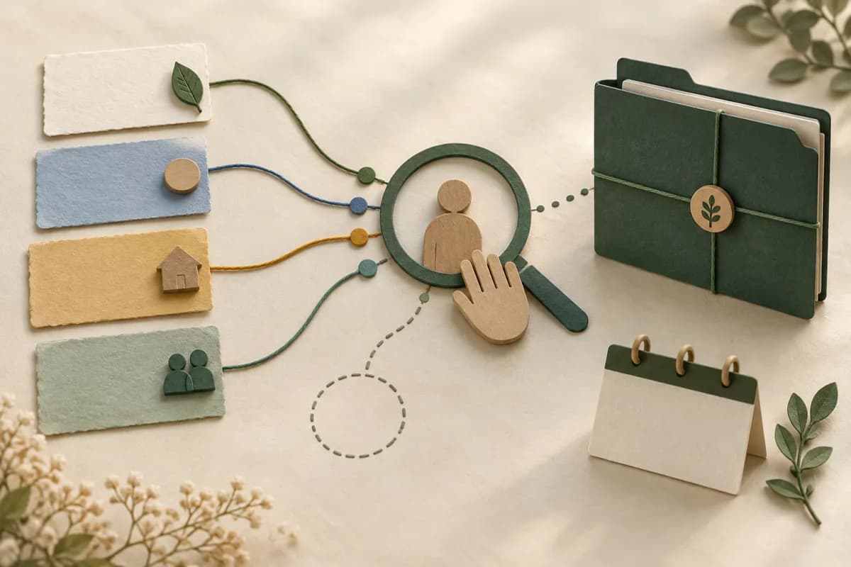 Four separate record cards lead to a human review lens, protected folder, missing-information marker and review calendar