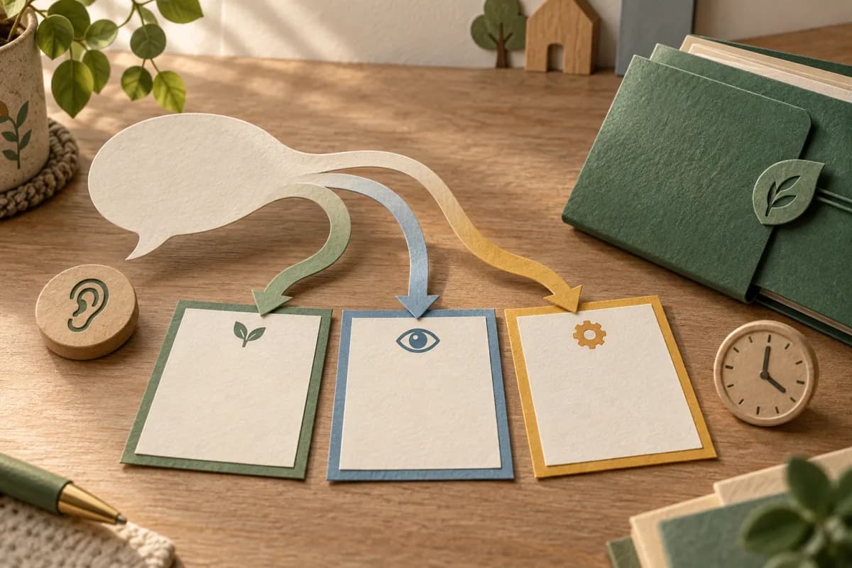 A blank speech shape separates into three paper cards beside a listening marker, clock and secure folder