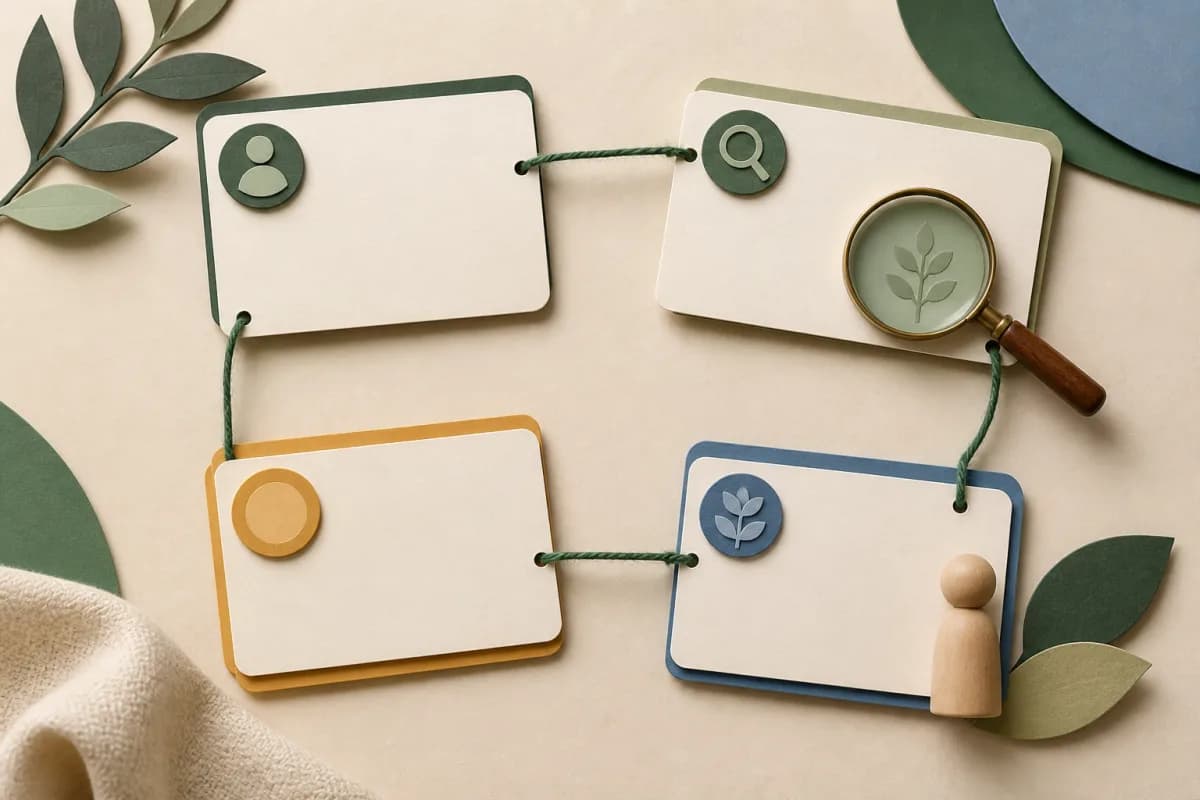 Blank assurance cards linked through practice review, ownership and a later check